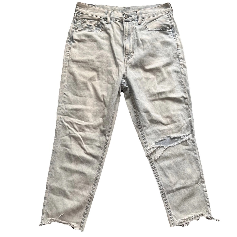 American Eagle Mom Jeans Light Wash Distressed High Rise 8 X-Short Raw Hem